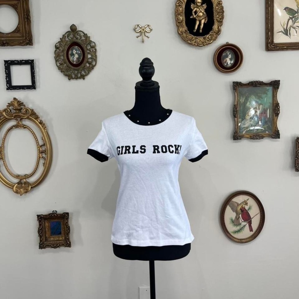 Vintage Y2K Rockgirl "Girls Rock!" White Ringer Tee – Size Large